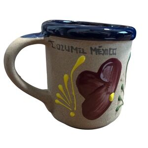 Cozumel Mexico Hand Painted Pottery Mug Floral Stoneware Blue Glaze Rim